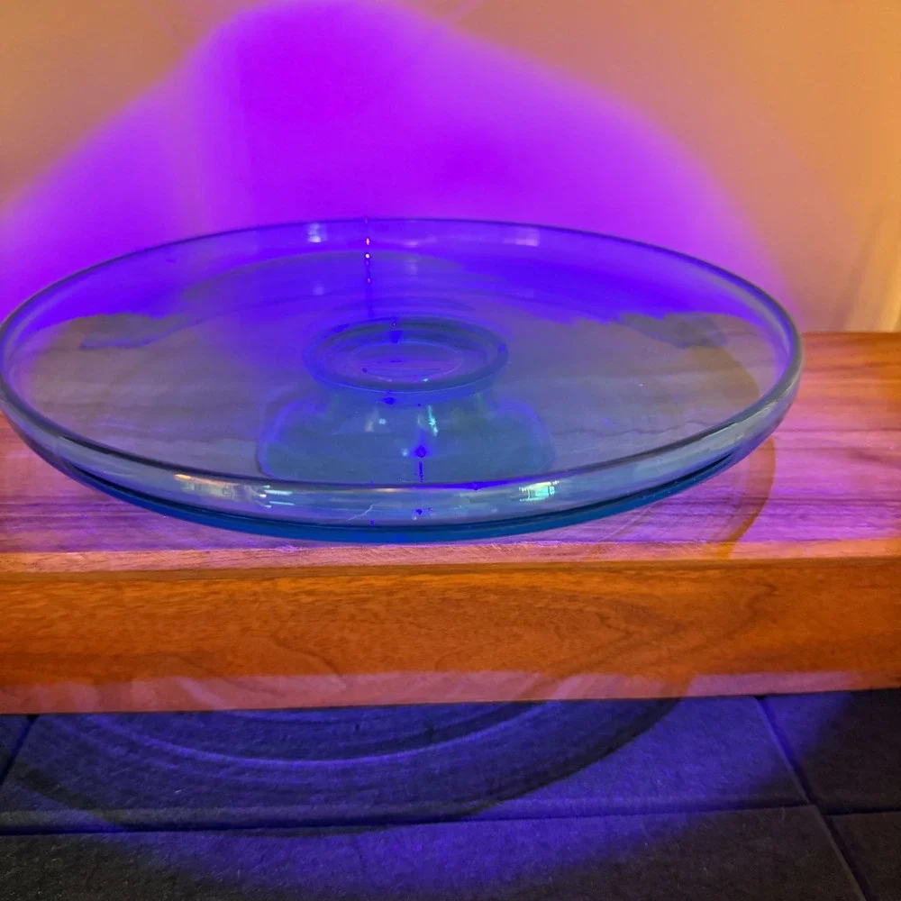 Vintage Aqua Blue Hand Blown Glass Cake Stand Pedestal Chip Dip Server 10 Inch